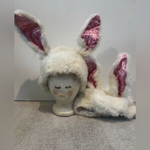 White Faux Fur Bunny Ear Hat with Pink Satin Lining (2)